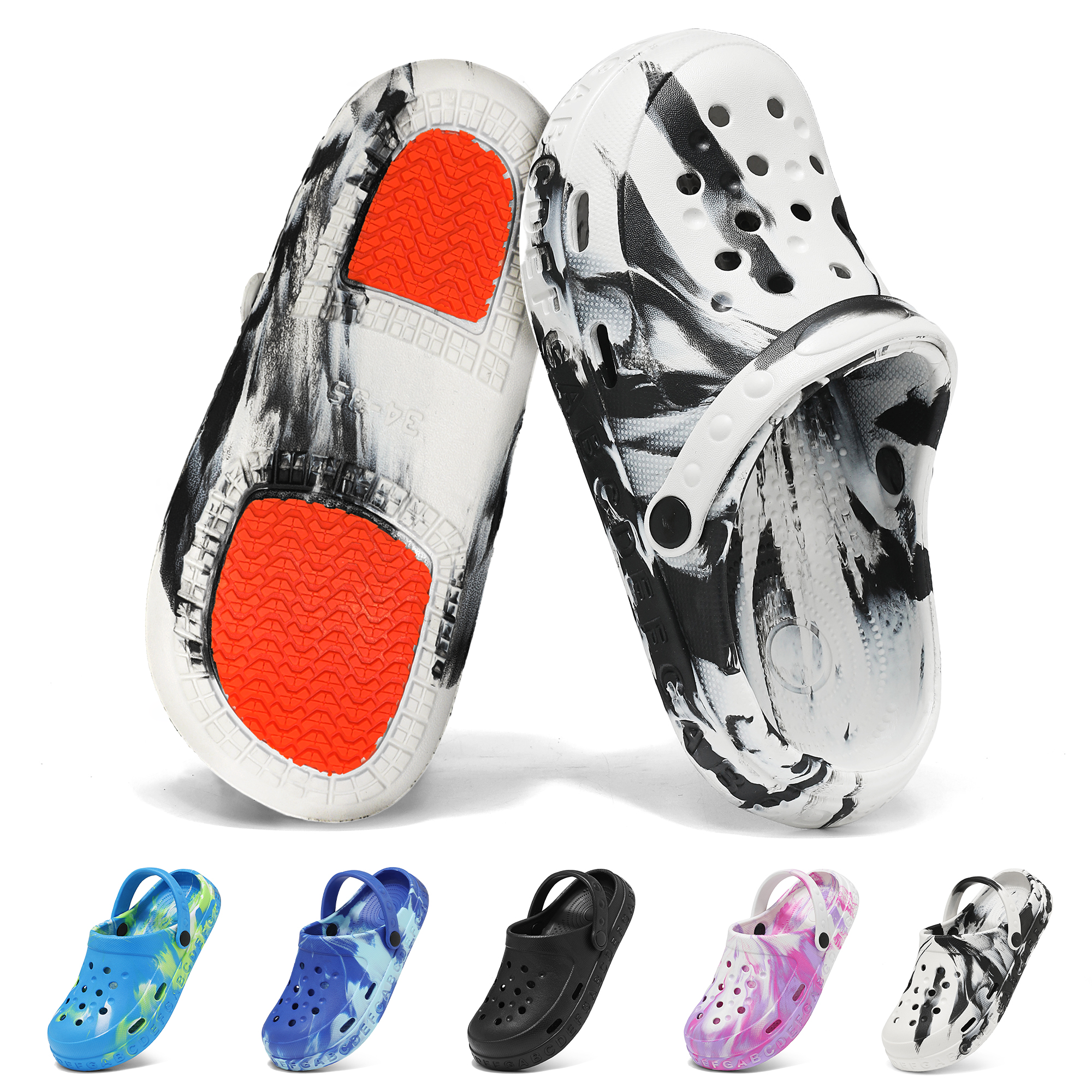 Kids Toddler Clogs with Unique Non-Slip Sole, Lightweight Boys Girls Garden Shoes with ABC Alphabet Pattern, Slip-on Children Sandals with Back Strap, Cute Water Shoes for Beach Pool Shower