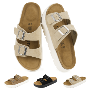 UpResty Platform Sandals for Women 2026 with Adjustable Double Buckle Straps Comfortable Suede Cork Footbed Sandals with Arch Support, Women Slide Sandals with Memory Foam Insole